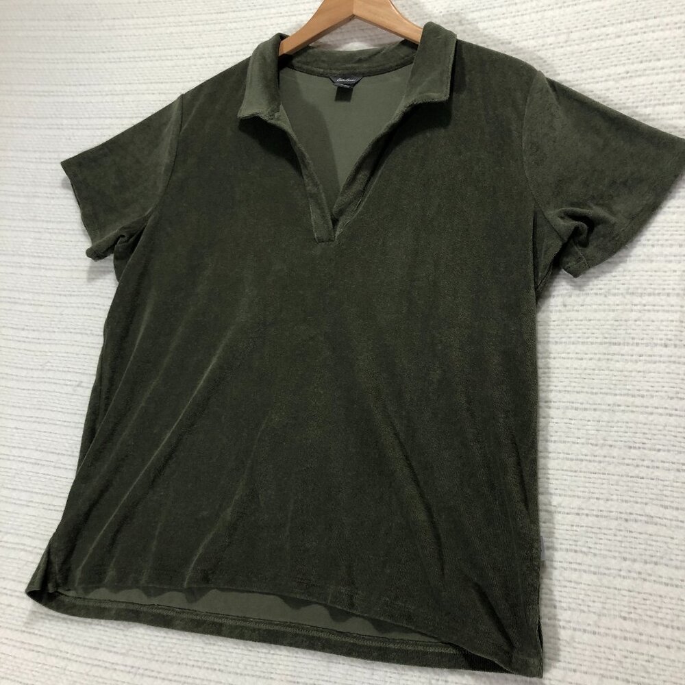 Eddie Bauer‎ Women's Size Large Green Ribbed Velvet Loose Collar Polo